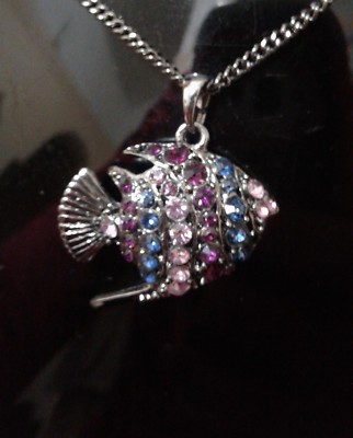 Fish Aquatic Crystal Metal Chain Statement Pendant Necklace Purple Blue NEW