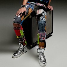 Punk Mens Denim Trousers Floral Slim Fit Skinny Nightclub Holes Chic Pants