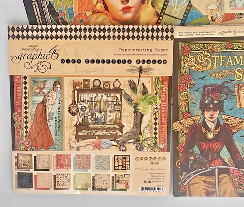 Graphic 45 Retired 8x 8 Scrapbook Paper Lot Olde Curiosity Shop + More - Picture 2 of 15