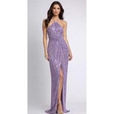 Ieena Mac Duggal Lilac Sequin Halter Gown Ruched Slit Formal Dress 14