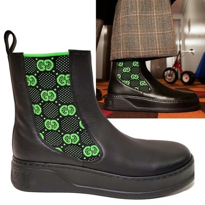 GUCCI MENS BOOTS BLACK LEATHER GG SUPREME JERSEY ANKLE BOOTIE $1,120 sz 9 9.5