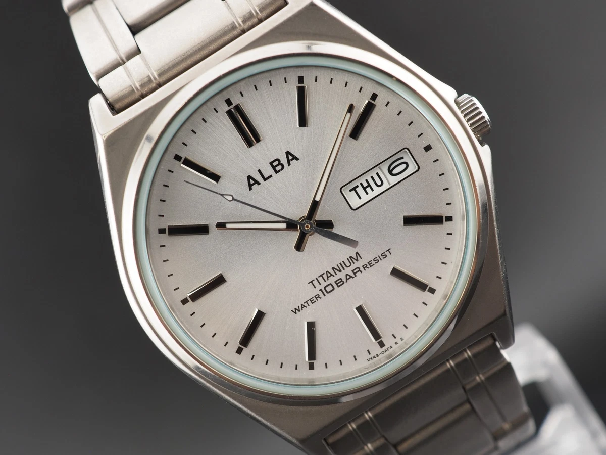 Reloj Hombre Vintage Seiko Alba VX43-0AG0 Plata Titanio Día Fecha Qz 37mm JAPÓN