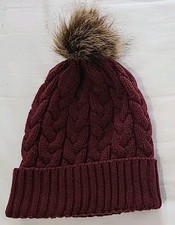 Burgundy Wine Cable Knit Winter Pom Pom Beanie Hat Cap Toboggan