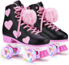 Ruthfot Women's Girl's Classic Roller Skates with Light up Wheels Heart Pattern