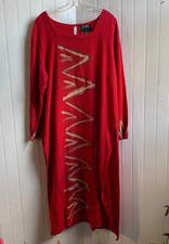 Ashro Afrocentric Red Art to Wear Zig Zag Long Kaftan Tunic Slit Sides Cotton 