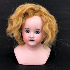 Vtg Porcelain Bisque Doll Head Glass Blue Eyes Blonde Hair Teeth CQ D23 2/0 DEP