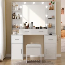 White Vanity Desk w LED Mirror, Makeup Table with Lights, Power Outlet & Storage
