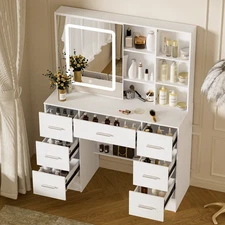 Vanity with Sliding Mirror and LED Lights Makeup Table Set White Dressing table