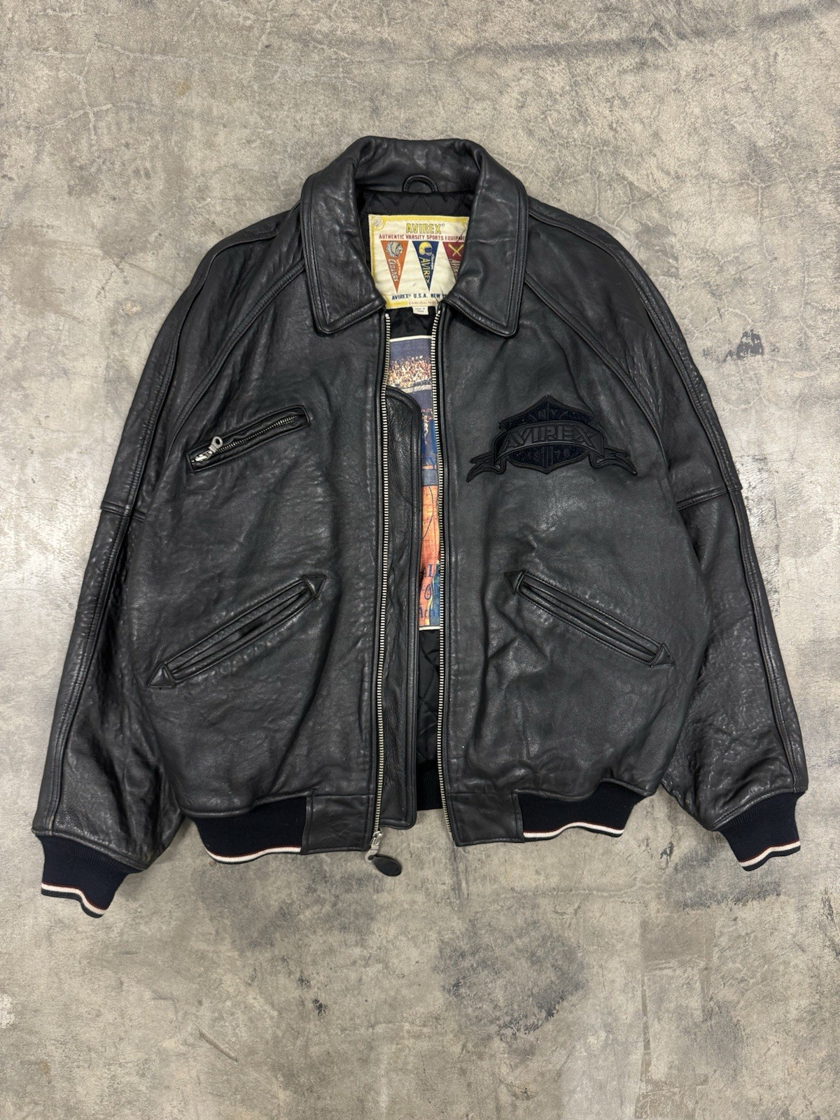 90s Vtg Avirex Black Heavyweight Big Logo Leather Jacket Varsity Goods Large Y2K image 2