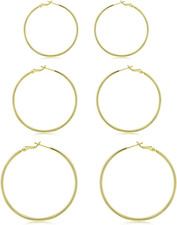 3 Pairs Sterling Silver Hoop Earrings, 14K White Gold Plated Big Hoop Earrings S