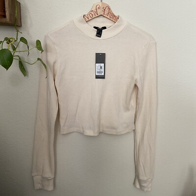 FOREVER 21 Cream Waffle Knit Mock High Neck Top LARGE Long Sleeve Crop  Shirt