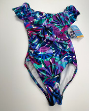 Swim Solutions One Piece Off Shoulder Tummy Control Swimsuit Multicolor 10 NWT