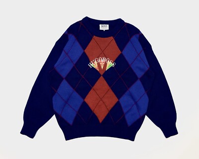 Navy Blue Vintage Embroidered Hugo Boss Spell Out Knit Sweater - Medium
