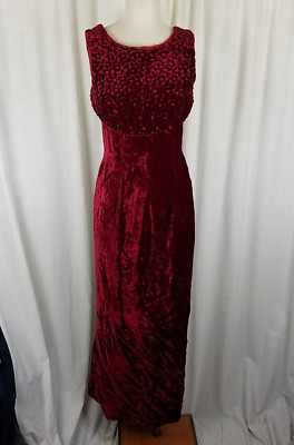 Vintage Crushed Red Velvet Maxi Dress Womens S Formal PomPom Textured Top Empire