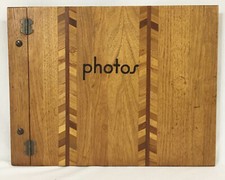 Vintage Inlaid Wood Photo Album Hinged Brass Hardware Black Paper