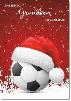 Doodlecards Grandson Christmas Card Santa Hat Football with Red Sky