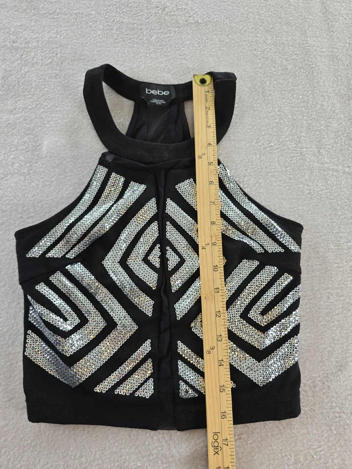 Camiseta sin mangas Bebe para mujer XS negra lentejuelas elástica geométrica corta halter sin mangas Foto 3 de 4
