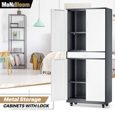 73" Metal Storage Cabinet Adjustable Shelves Door Kitchen Garage Home w/4 Wheels