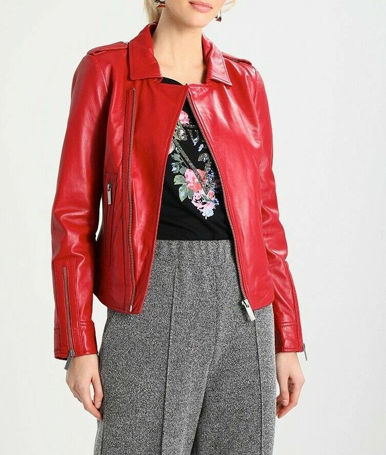 Women's Red Lambskin Leather Collared Biker Jacket Genuine Soft Napa Leather