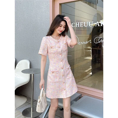 NEW Women s Summer French Tweed Body Con Jeweled Button Dress eBay
