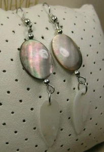 Vintage Chic Silver Tone Brown White Mother of Pearl Drop Dangle Hook Earrings
