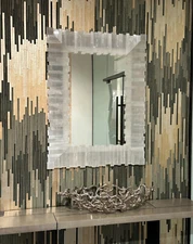 "Rectangular Selenite Stone Wall Mirror – Crystal Frame, Boho Decor, Handmade"