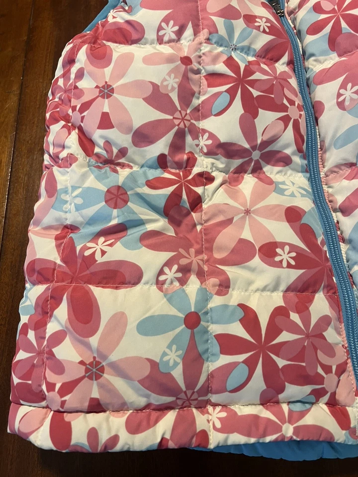 Chaleco Reversible LL Bean Jóvenes Niñas Plumón de Ganso Rosa Flores/Azul Cielo 14/16 Grande Foto 2 de 4