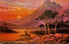 Sunset & Deer at Loch Ard Aberfoyle Stirling Scotland Vintage Postcard