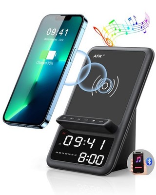 AFK Wireless Charging Station with Bluetooth Speaker and Alarm Clock,Wireless