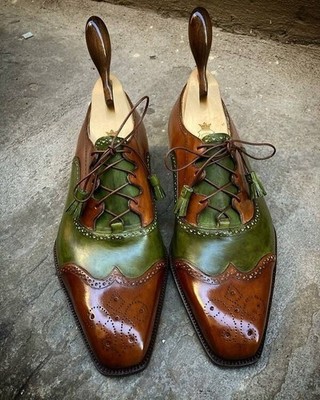 Handcrafted Two-Tone Green & Cognac Patina Oxford Brogues with Chisel Toe Design