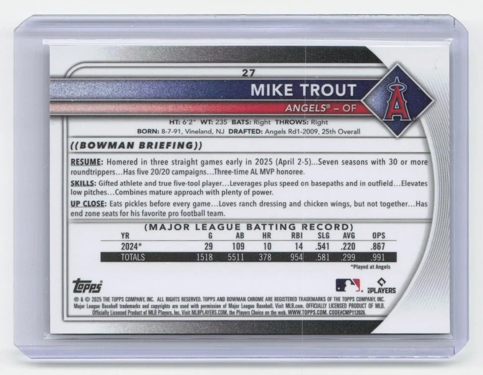 Bowman Chrome Mike Trout #27 True Gold Refractor 2025/50 Foto 2 de 2