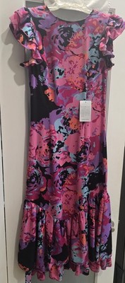 Chi Chi London Pink Multi Abstract Floral Dress, Flutter Sleeves & Hem,Sz:4, NWT