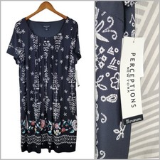 NEW Perceptions Shirt Dress Plus Size 1X Black Floral Midi Stretchy Pleated Top