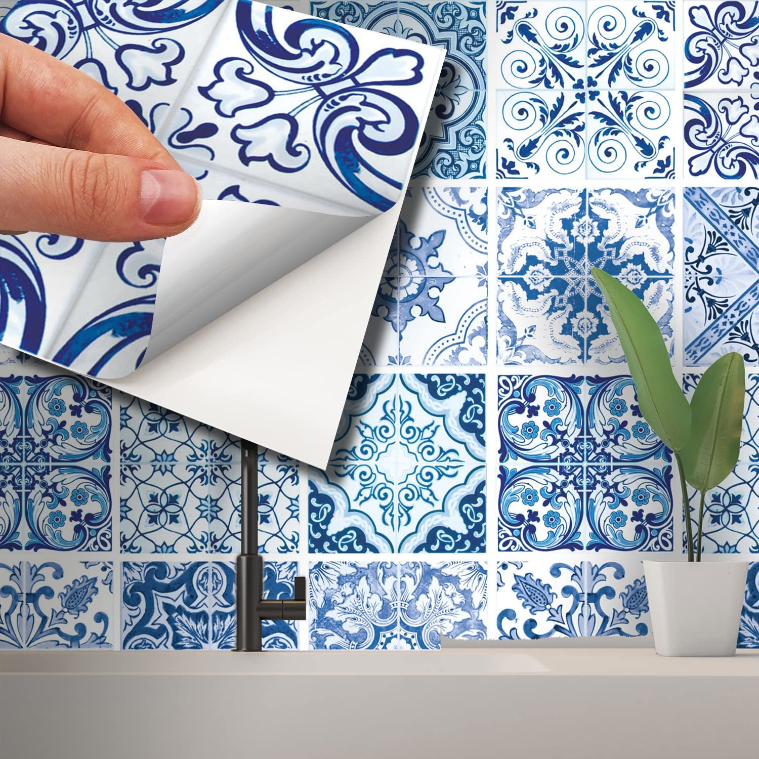 WALPLUS Blue Turkish Mediterranean Tile Stickers 15 x 15 cm, 24 PCS Peel and Stick Self Adhesive Wall Tiles, Waterproof Kitchen Bathroom Splashback Decals - Image 2