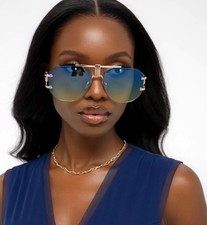 Sunglasses Frameless Green Lens Retro Vintage Flat Top Bar Gold Square Shades
