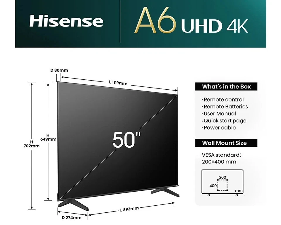 Hisense 50A6NTUK A6N 50" 4K UHD HDR Smart TV - Image 3 of 4
