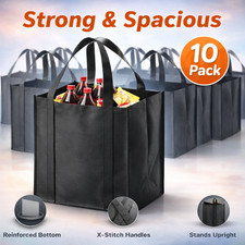 10 Pack Reusable Grocery Bags Heavy Duty Large Tall Tote Reinforced Bottom Black