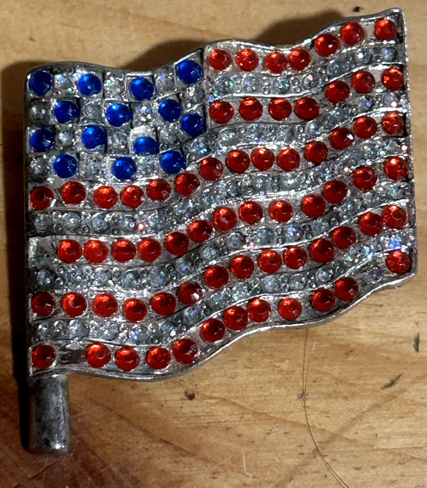 American Flag Pin rhinestones silver tone two stones missing - Image 3 of 3