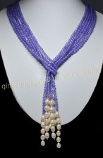 3 Strands Natural 4mm Gemstone Round Beads 7-8mm White Pearl Scarf Necklace 50''
