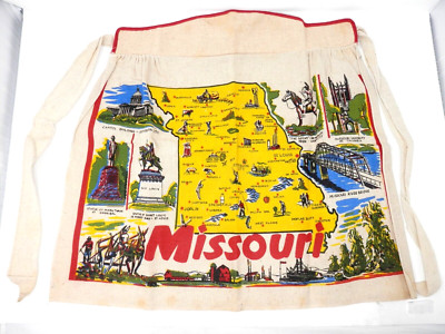 Cotton Crash MISSOURI Hand Printed Utility Apron   Map Landmarks Vintage Waist