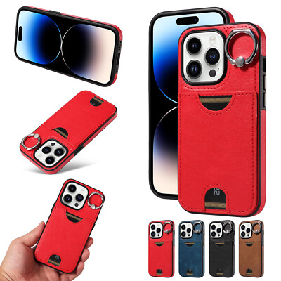 For iPhone 16 Pro Max 15 Plus 14 13 12 8 7 Card Slot Phone Case With Ring Holder