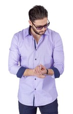 Lavender Slim Fit Men's Dress Shirt Contrasting Trim Details Bow Tie Print Azar