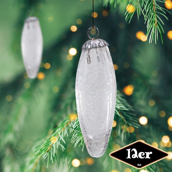 Christbaumkugelset In Zapfen-Form, 12Er Set|Glas, Weiß, Krakeliert |H14,5Xb5,0Cm-image
