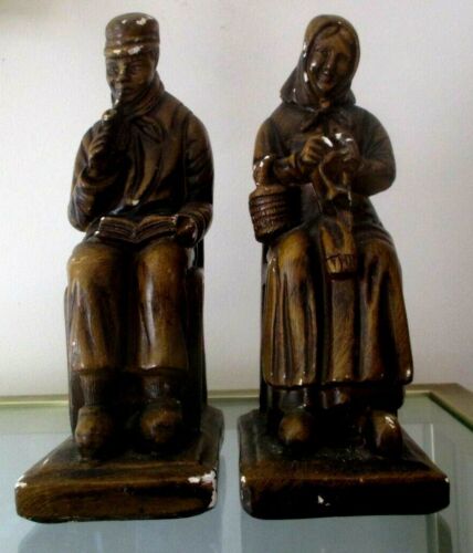 Antique Pair Greenhouse Patinated Plaster Books Glazed Statuette Couple  - Picture 1 of 4