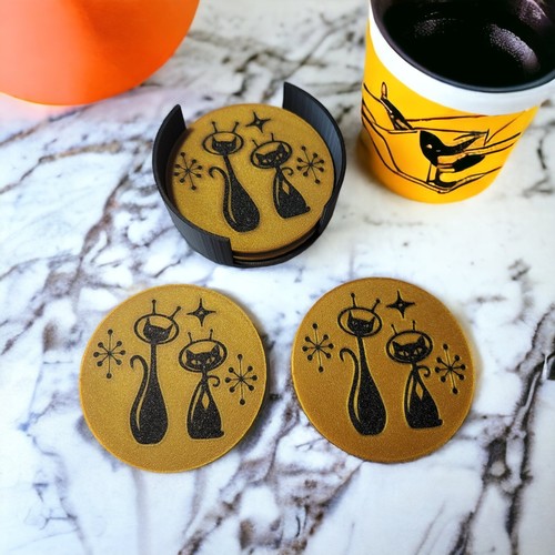 Mid Century Modern Atomic Space Cats MCM Coasters Set of 4 Vintage Style Décor - Afbeelding 1 van 6