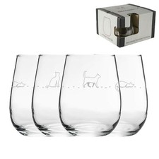 Engraved Cat Pattern Set of 4 Gaia Stemless Wine 12oz Glasses