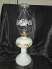 Antique Milk Glass Hand Painted Oil Lamp With Eagle Etched Globe