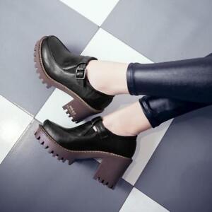 Women Retro Oxfords High Chunky Heels Pump Round Toe Platform Strap Buckle Shoes