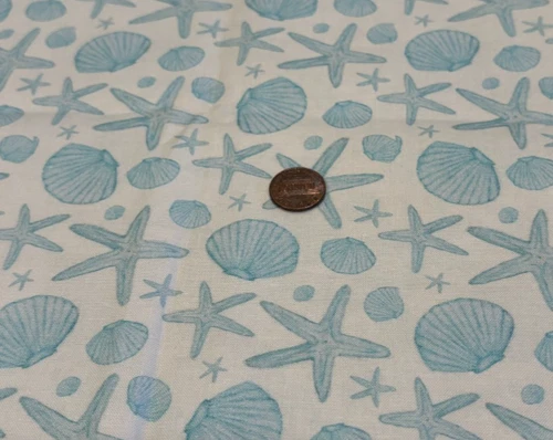 Seashells*Light Blue*on Sand*Cream* P&B Textiles* 100% Cotton Remnant* 8" x 21" - product listing photo