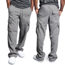 Men's Cargo Sweatpants Baggy Fleece Joggers Multi Pocket Streetwear Loose Fit